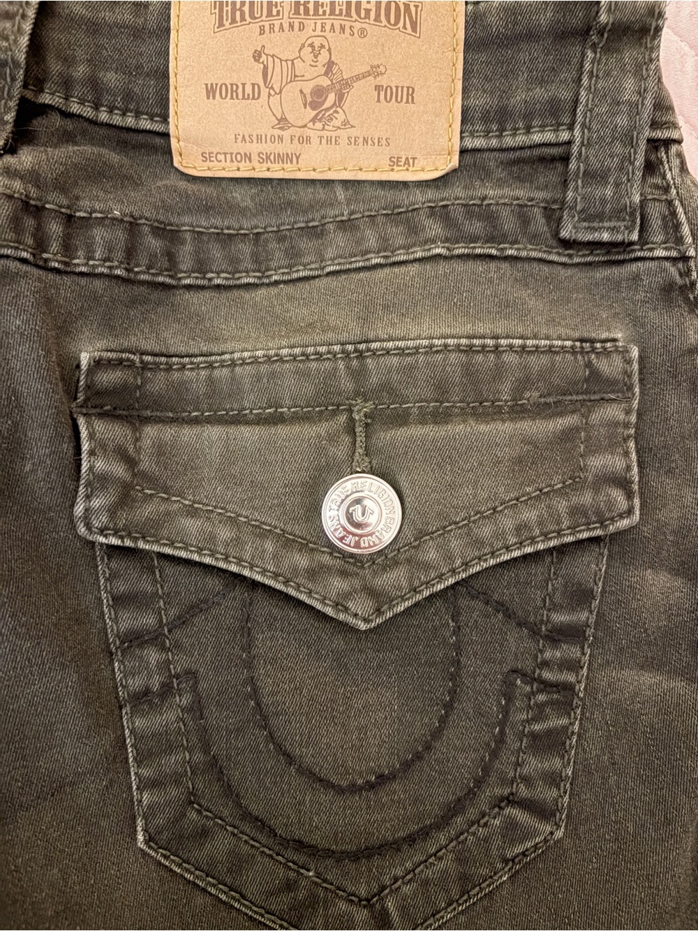 True Religion Skinny Stretch Jeans Olive Green Women Size 26 Flap Pocket